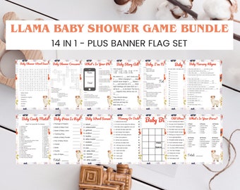 Paquete de juegos para baby shower con temática de llamas: 14 juegos imprimibles y pancarta (descarga instantánea)