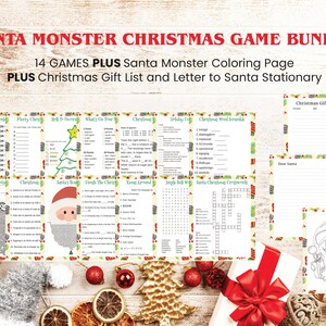 May include: A set of 14 printable Christmas games for children, including a Santa Monster colouring page, a Christmas gift list, and a letter to Santa stationery. The games include word searches, word scrambles, and a Santa maze.