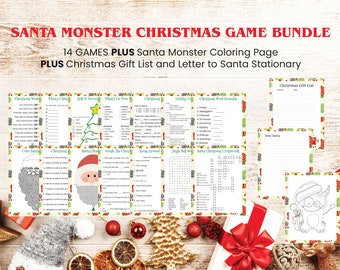 Paquete de juegos navideños de Santa Monster: actividades imprimibles para niños (descarga instantánea)