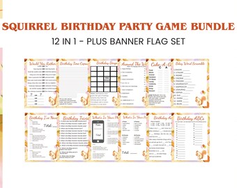 Paquete de 12 juegos de cumpleaños de ardilla Juegos imprimibles MÁS Banderas de pancartas - Descarga instantánea del paquete de juegos