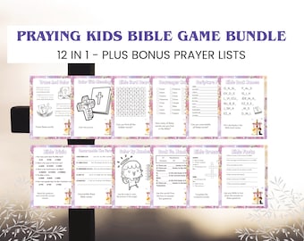 Paquete de 12 juegos bíblicos para niños que oran Juegos imprimibles MÁS listas de oración adicionales - Descarga instantánea