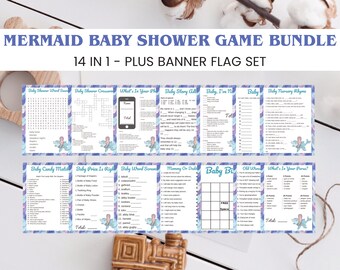 Paquete de juegos para baby shower con temática de sirenas: 14 juegos imprimibles y pancarta (descarga digital)