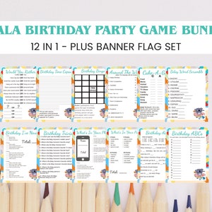 May include: A set of 12 printable koala birthday party game cards. The cards feature a variety of games, including "Would You Rather", "Birthday Time Caper", "Birthday Bingo", "Around The World", "Cake-A-G", "Baby Word Scramble", "Birthday I've Never", "Birthday Trivia", "What's In Your Phone", "What's In Your Phone", "Birthday A-Z", and "Birthday ABCs".