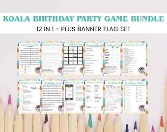Paquete de 12 juegos de cumpleaños de Koala Juegos imprimibles MÁS Banderas de pancartas - Descarga instantánea del paquete de juegos