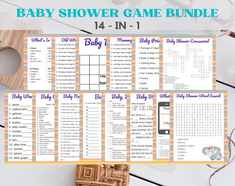 Paquete de juegos para baby shower con temática de elefantes: 14 juegos imprimibles y pancarta (descarga digital)