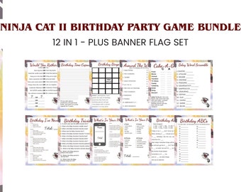 Paquete de juegos de cumpleaños de Ninja Cat: juegos y pancarta para imprimir (descarga instantánea)