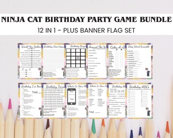 Paquete de juegos de cumpleaños de Ninja Cat: 12 juegos imprimibles + pancarta (descarga instantánea)