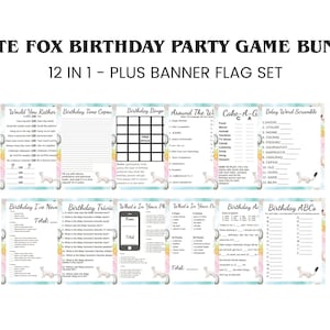 12 White Fox Birthday Game Bundle Printable Games PLUS Banner Flags – Game Package Instant Download