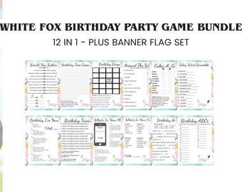Paquete de juegos de cumpleaños de White Fox: 12 juegos de fiesta imprimibles + pancarta (descarga instantánea)