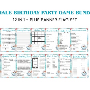 12 Whale Birthday Game Bundle Printable Games PLUS Banner Flags – Game Package Instant Download