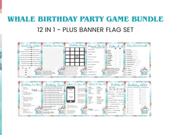 Paquete de 12 juegos de cumpleaños de ballenas Juegos imprimibles MÁS Banderas de pancartas - Descarga instantánea del paquete de juegos