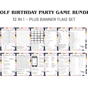 May include: A set of 12 printable wolf-themed birthday party games, including "Would You Rather", "Birthday Bingo", "Around the World", "Cake-A-G", "Birthday Word Scramble", "Birthday I've Never", "Birthday Trivia", "What's In Your Phone", "Birthday Around the World", "Birthday ABCs", and "Birthday Time Capsule". The games are designed with a pink, blue, and yellow color scheme and feature a wolf illustration.