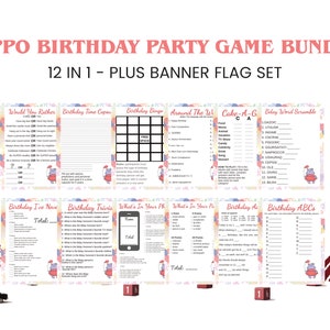 May include: A set of 12 printable birthday party games featuring a hippo theme. The games include "Would You Rather", "Birthday Time Capsule", "Birthday Bingo", "Around The World", "Cake-A-G", "Baby Word Scramble", "Birthday I've Never", "Birthday Trivia", "What's In Your Phone", "Birthday At", and "Birthday ABCs".