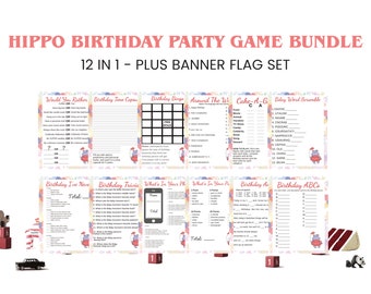 Paquete de 12 juegos de cumpleaños de hipopótamo Juegos imprimibles MÁS Banderas de pancartas - Descarga instantánea del paquete de juegos