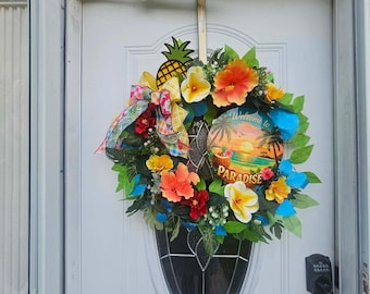 Tropical Paradise Summer Wreath | Pineapple Hibiscus Front Door Decor | Beach Sunset Welcome Wreath | Coastal Island Home Decor