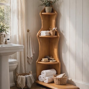 May include: A tall, light-toned wooden corner shelving unit with four curved tiers. The shelves hold white folded towels, a small woven basket, a bar of soap, and a potted plant. The unit features a smooth, polished finish and a base shelf.