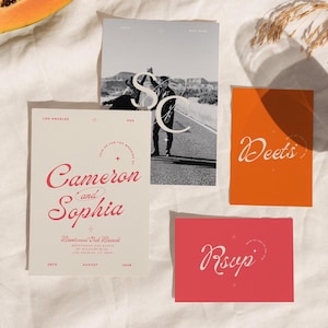 Rosa Retro Hochzeitseinladungs-Reihe bunte Hochzeits-Einladungs-modernes Hochzeits-Set Spaß wunderliche minimalistische ästhetische Leinwand-Schablone Sophia