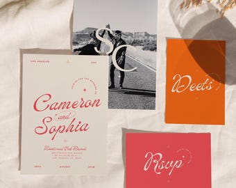 Pink Retro Wedding Invitation Suite: Modern Minimalist Template (Canva)