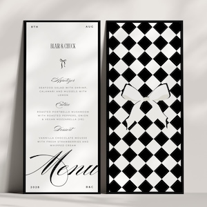 Menù in bianco e nero con fiocco nero Stampa a scacchi Menù in bianco e nero elegante, download del menù Canva Modello di menù per matrimonio - Blair