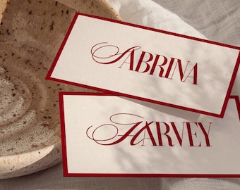Elegant Wedding place cards with guest names Flat place card template Tented place names with red boarder  - Sabrina