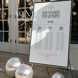 May include: A white wedding seating chart with green trim, displayed on a black easel. The chart features the text "Our Favourite Type of People" and guest names. Three silver disco balls are in front of the chart.