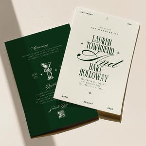 Faire-part de mariage de luxe Canva en vert foncé, modèle de faire-part de mariage moderne chic, ensemble de faire-part de style ancien vert et crème - Lauren