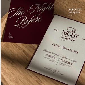 Modern lyxig inbjudan till repetitionsmiddag | Redigerbar Canvas-mall | Minimalistiskt elegant bröllopsbrevpapper | Natten före Bourgogne