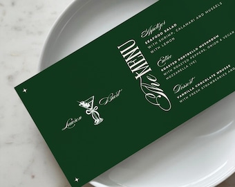 Oud Geld Esthetisch Trouwmenu Horizontaal Trouwmenu Donkergroen Modern Trouwmenu Martini Illustratie Menutafelbord Template-Lauren