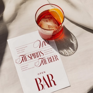 Plaque ouverte rouge bordeaux plaque modifiable plaques de mariage chics modernes menu de bar personnalisé élégant menu de bar imprimable rouge classique + blanc - Sabrina