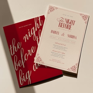 Invitaciones románticas de ensayo de boda en rojo de Canva, invitación de la noche anterior a la boda, invitación elegante moderna y elegante en rojo - Sabrina