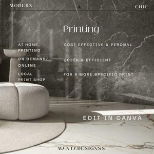 May include: A graphic design illustration with the text "Printing" in a modern font. The text "Cost Effective & Personal", "Quick & Efficient", and "For a More Specific Print" are listed below the word "Printing". The text "Edit in Canva" is at the bottom of the image.