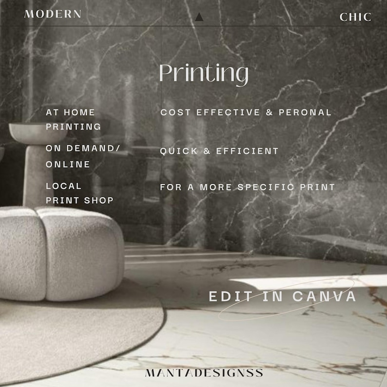 May include: A graphic design illustration with the text "Printing" in a modern font. The text "Cost Effective & Personal", "Quick & Efficient", and "For a More Specific Print" are listed below the word "Printing". The text "Edit in Canva" is at the bottom of the image.