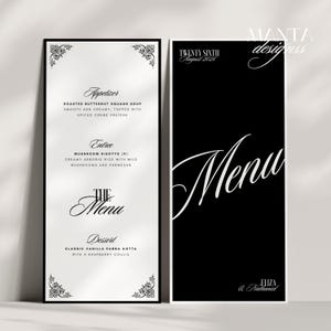 Puede incluir: Elegante diseño de menú en blanco y negro. La tarjeta de menú izquierda presenta un menú detallado con aperitivos, entrantes y postres. La tarjeta derecha muestra "Menu" en una elegante escritura. El menú está enmarcado con adornos decorativos.