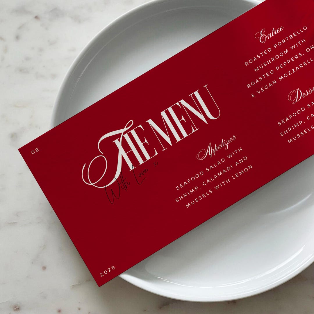 Modern Red Wedding Menu Cards Horizontal Red Rose Menu Digital Print ...