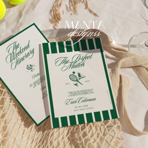 Faire-part d'itinéraire de célibataire esthétique vieil argent, enterrement de vie de jeune fille sur le thème du tennis, invitation élégante de polices manuscrites - Erin