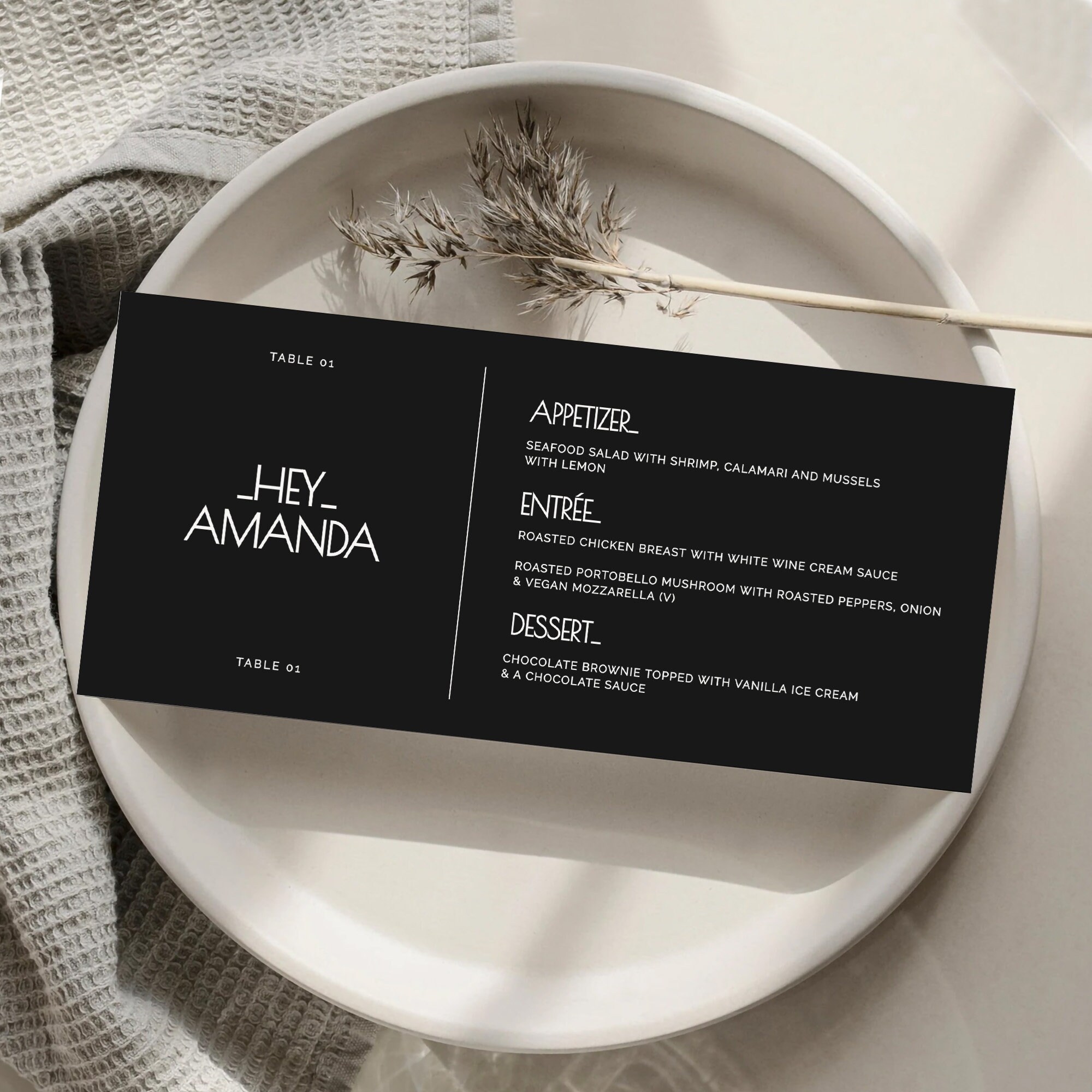 Modern Black Wedding Menu Template with Guest Name (DIY Digital Download)