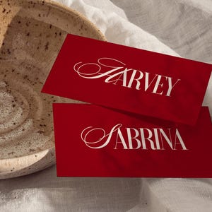 Tarjetas de lugar elegantes de Canva con nombres de invitados, tarjetas de lugar modernas y elegantes, planas y en forma de carpa, tarjetas de lugar editables, configuración de mesa - Sabrina