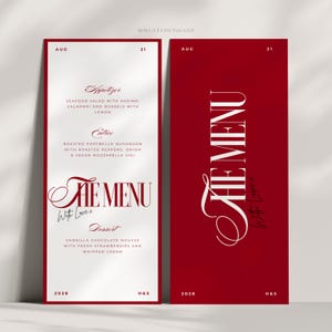 Modèle de menu de mariage Canva inspiré de la Saint-Valentin, cartes de menu rouges avec nom, cartes de menu recto-verso, cartes de mariage spectaculaires - Sabrina