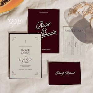 May include: A set of wedding invitation cards in burgundy and cream. The cards feature elegant typography with names and event details. The design includes decorative flourishes and the text "Rosie & Gamin", "Rosie Blake and Benjamin Hove", and "Kindly Respond".