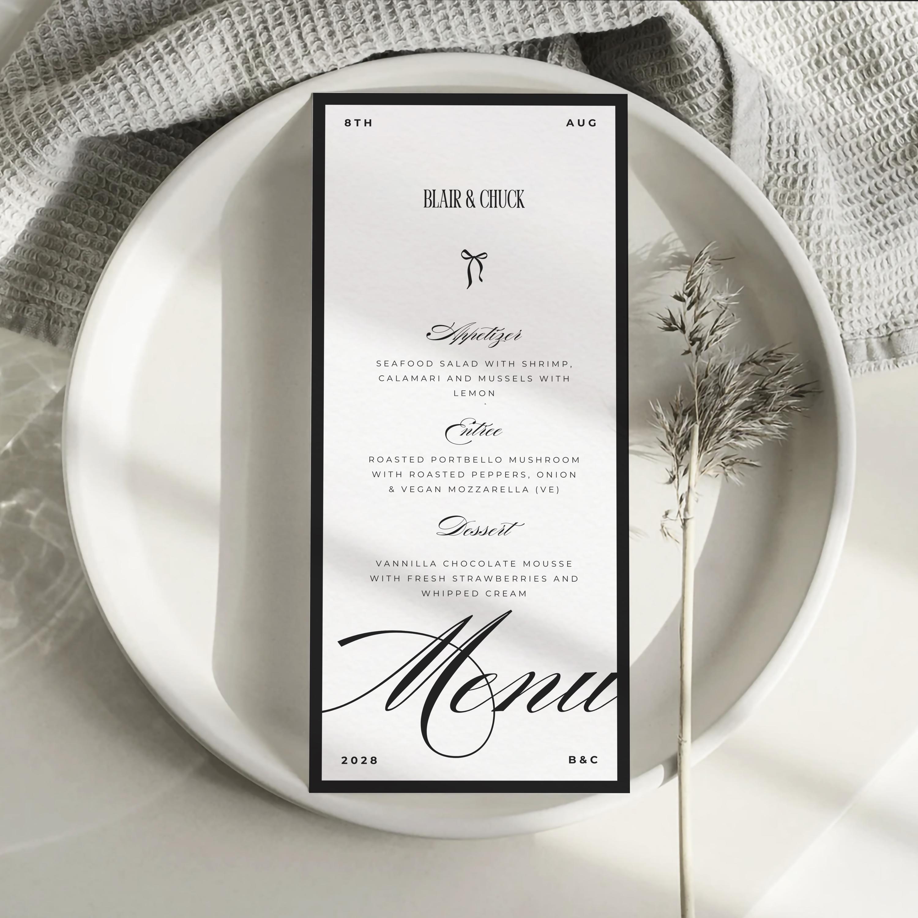 Black and White Menu With Black Bow Checkered Print Black and White ...