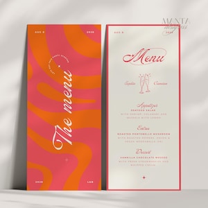 Peut inclure: Un ensemble de deux menus présentant un motif ondulé orange et rose vif sur la carte de gauche avec le texte The menu, et une carte crème sur la droite listant les options Appetizer, Entree et Dessert avec des illustrations de flûtes.