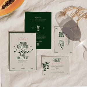 Canva luxe huwelijksuitnodiging in diepgroen modern chique trouwkaartsjabloon, groen en crème oud geld stijl uitnodiging set van 3 - Lauren