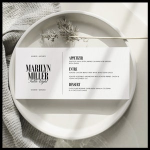 Modèle de menu contemporain | Menu de mariage audacieux en noir et blanc | Modèle de menu de mariage chic moderne | Menu de mariage horizontal - Marilyn