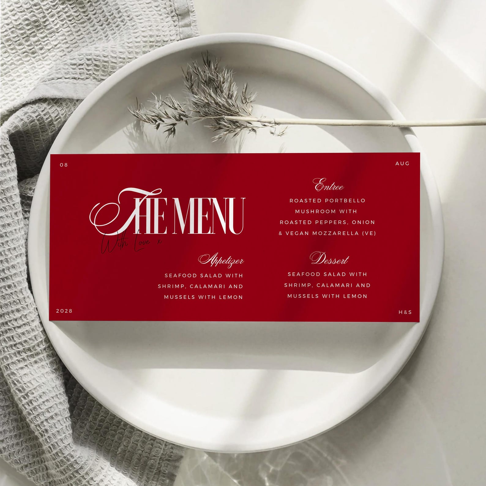 Modern Red Wedding Menu Cards Horizontal Red Rose Menu Digital Print ...