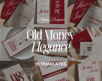 Paquete de boda de elegancia con dinero antiguo, papelería de boda de romance moderno, plantilla de suite de boda vintage, invitación de boda de Canva