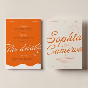May include: Orange and white wedding invitation with the names Sophia and Cameron, the date August 28th, 2023, and the location "Breathtaking Oak Branch".