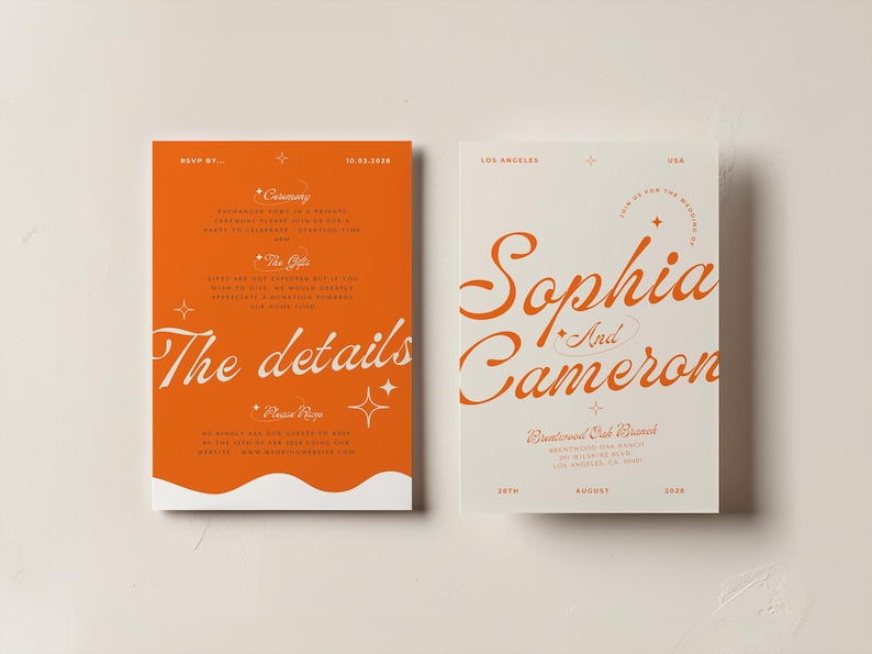 May include: Orange and white wedding invitation with the names Sophia and Cameron, the date August 28th, 2023, and the location "Breathtaking Oak Branch".