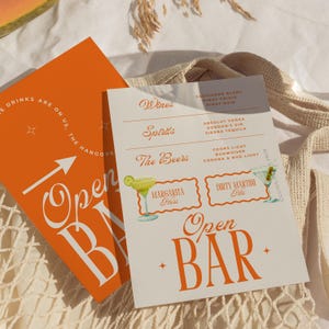May include: Two cards with an "Open Bar" theme. One is orange with white text and an arrow. The other is off-white with orange text, listing wines, spirits, and beers, including Margarita and Dirty Martini options.