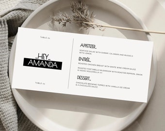 Horizontal Wedding Menu Template  | Landscape Wedding menu with guest name | Modern Bride Wedding Menu with Name - DIY - Amanda