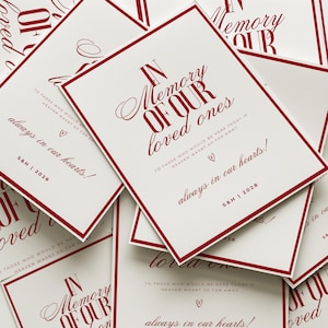 Puede incluir: Tarjetas blancas con borde rojo y texto "In Memory of Our Loved Ones". Las tarjetas también incluyen las frases "To those who would be here today if heaven wasn't so far away" y "always in our hearts!"